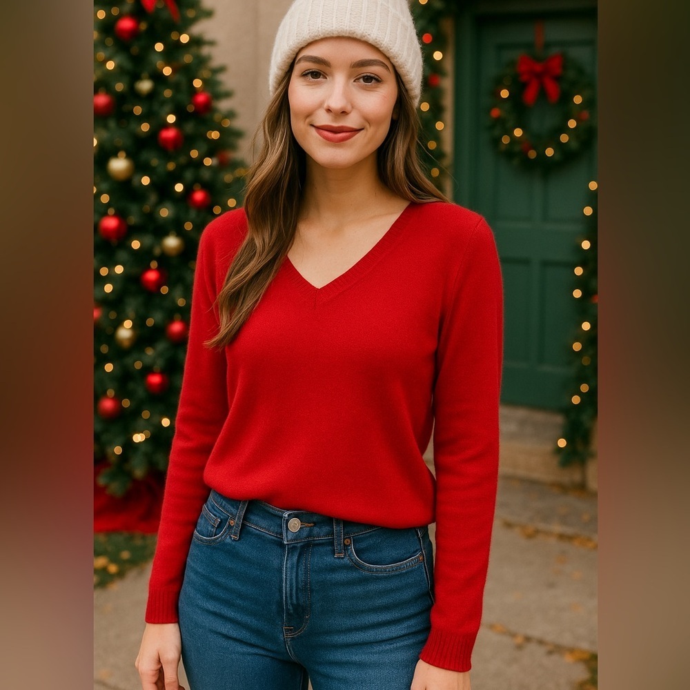 Neiman Marcus 100% Cashmere Red Relaxed Fit V-Neck Sweater, Small – Luxe Knit